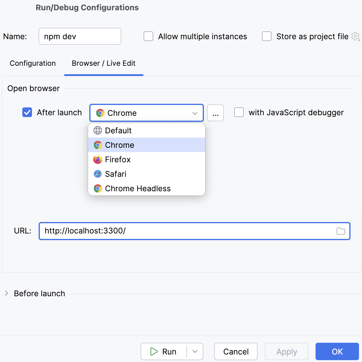 Browser / Live Edit tab: select browser Browser / Live Edit tab: select browser