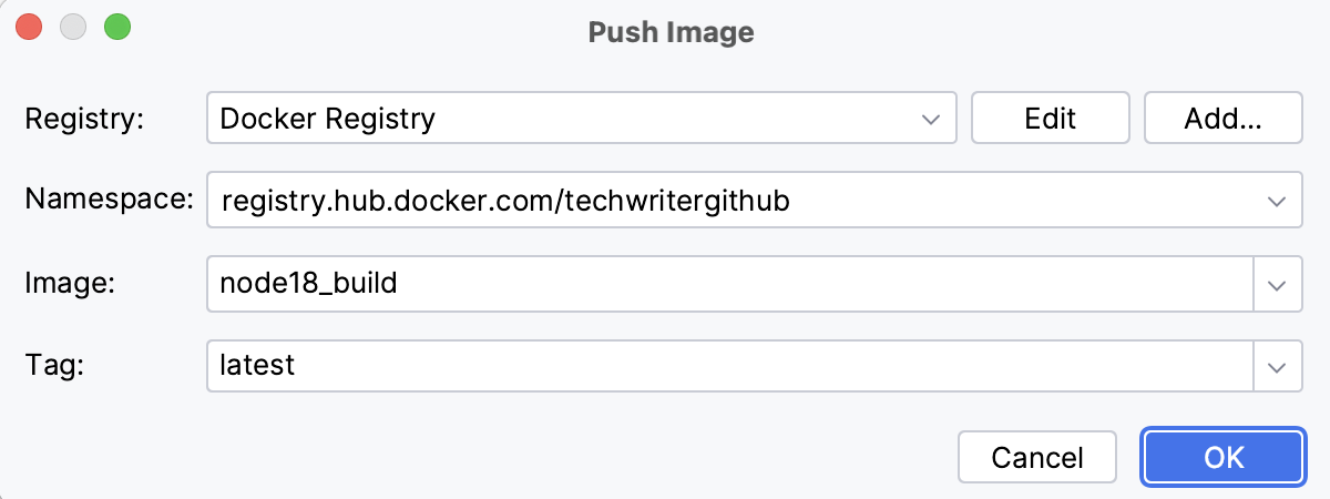 The Push Image dialog The Push Image dialog