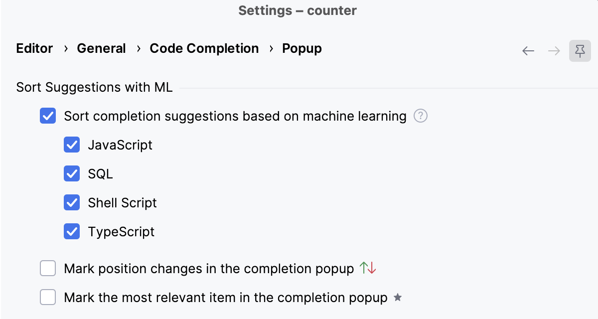 ML-assisted completion settings ML-assisted completion settings