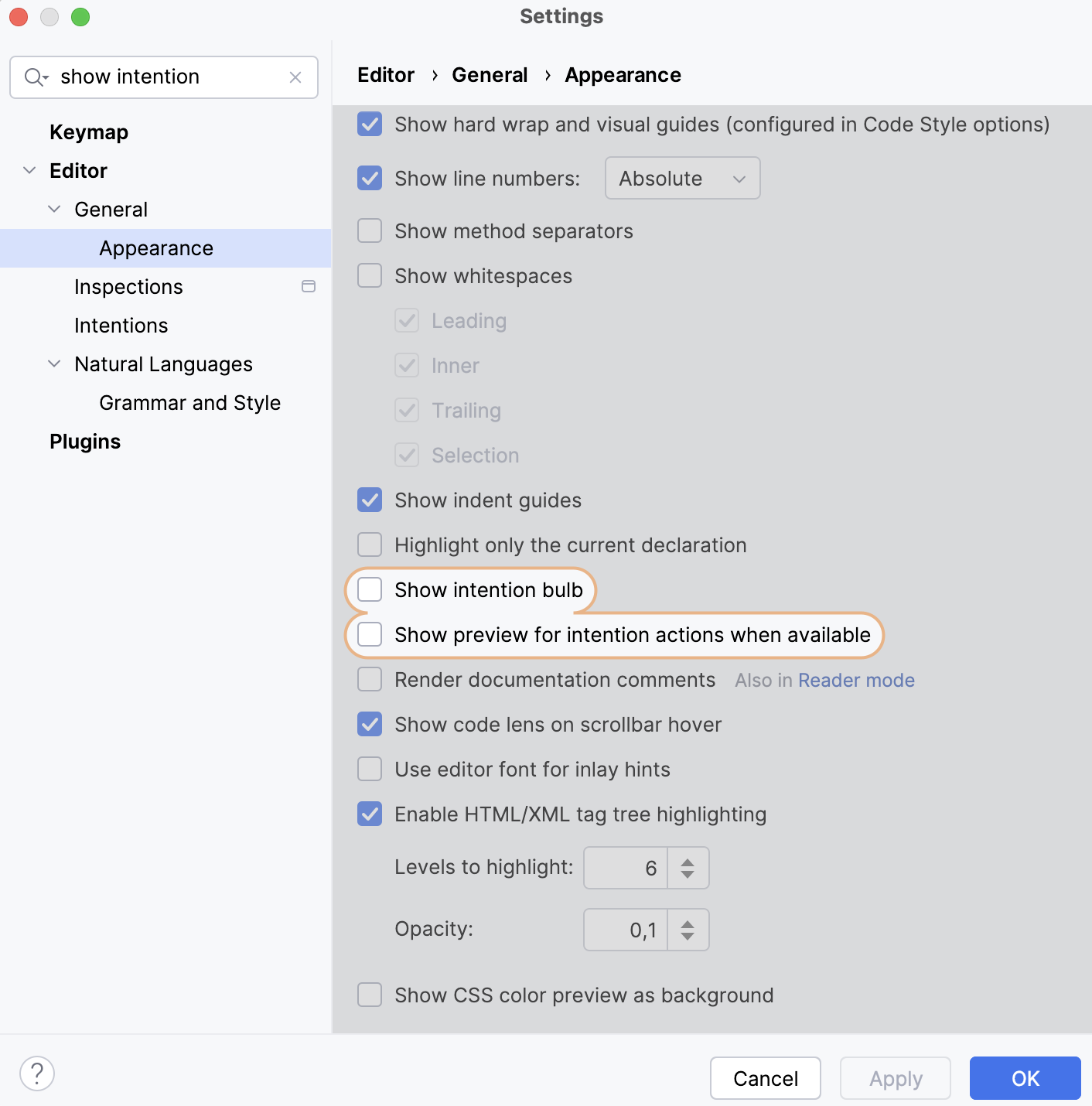 Search field in the Settings dialog Search field in the Settings dialog