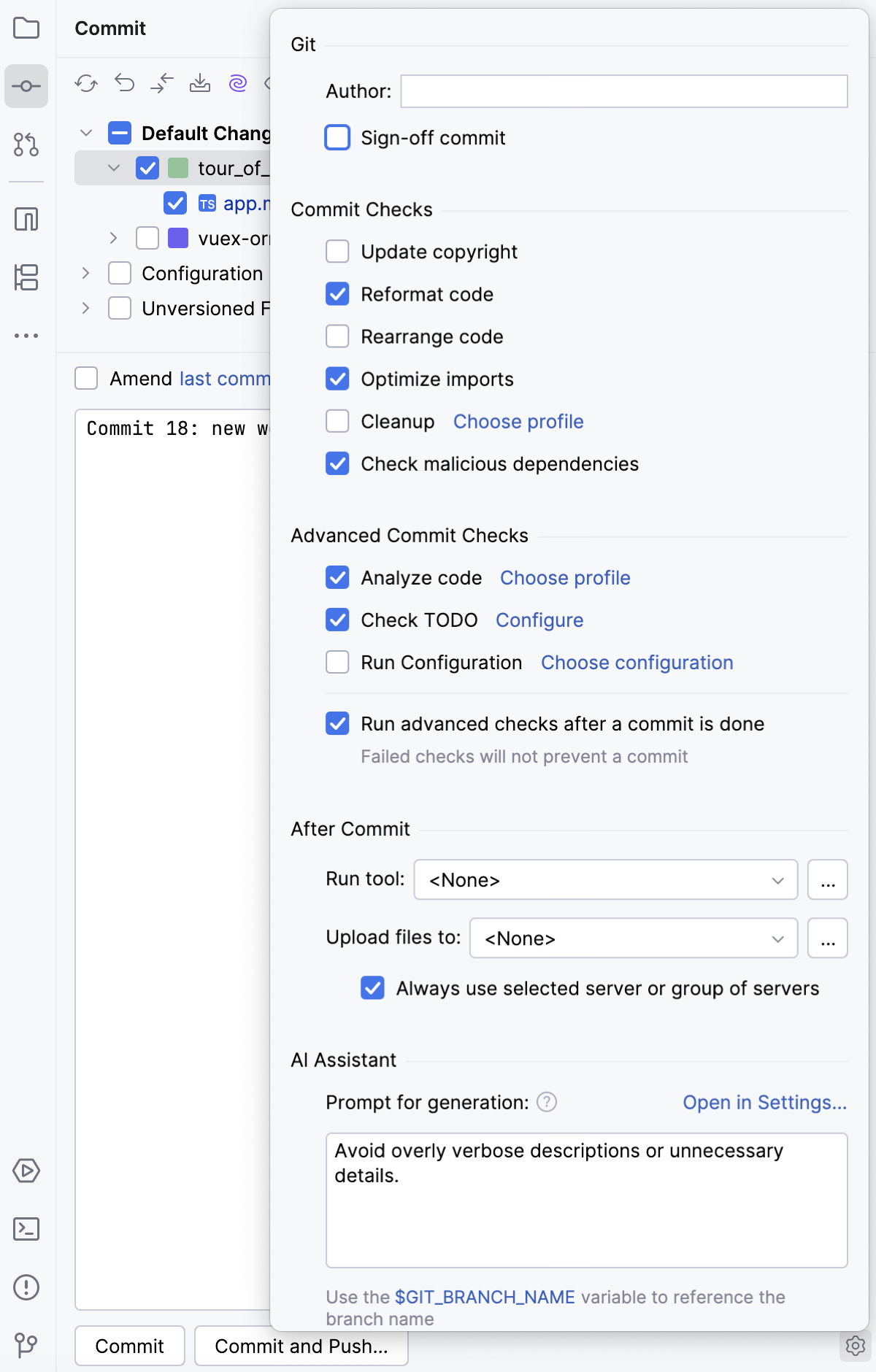 advanced commit options popup advanced commit options popup