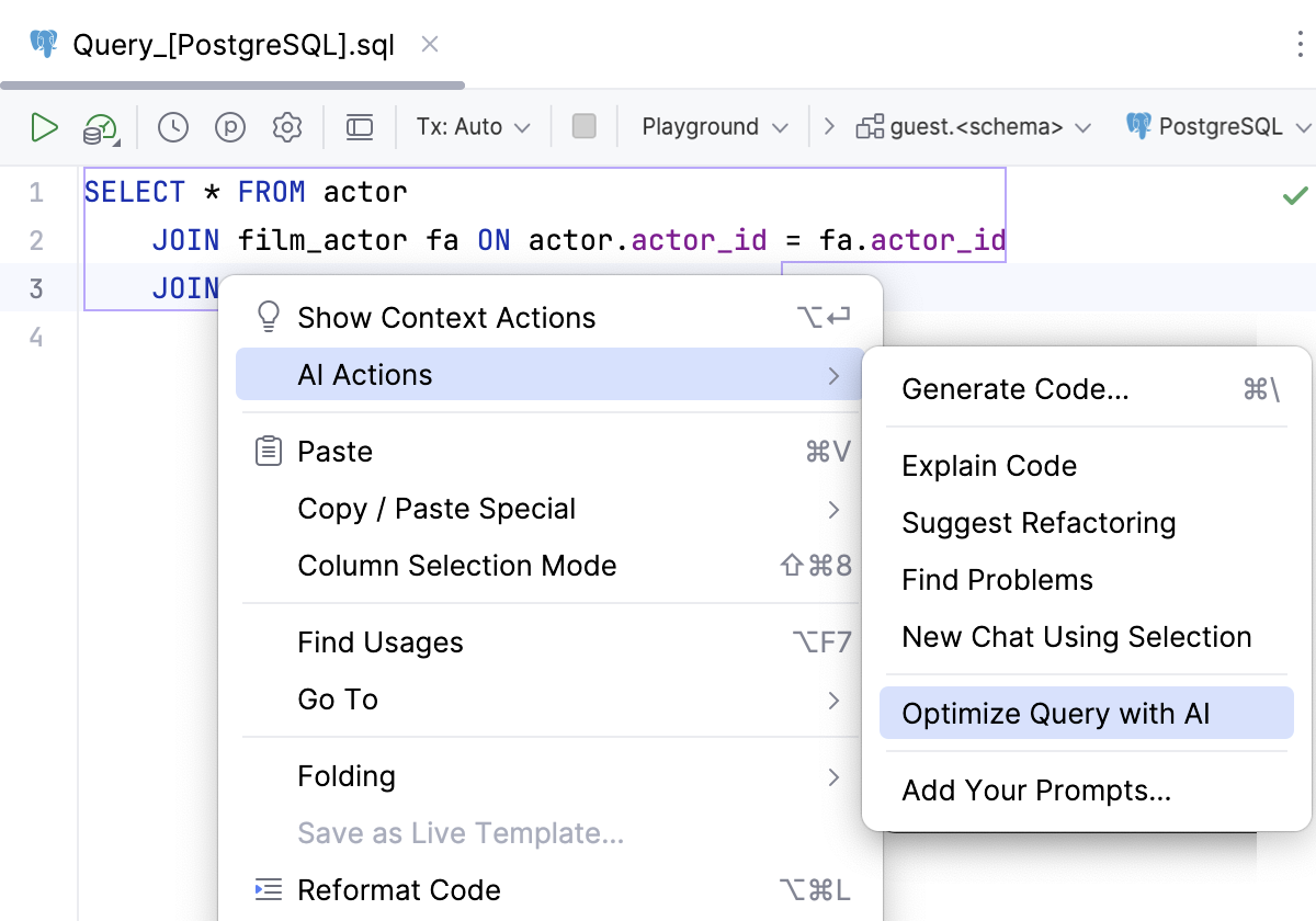 Optimize a query with AI - menu item Optimize a query with AI - menu item