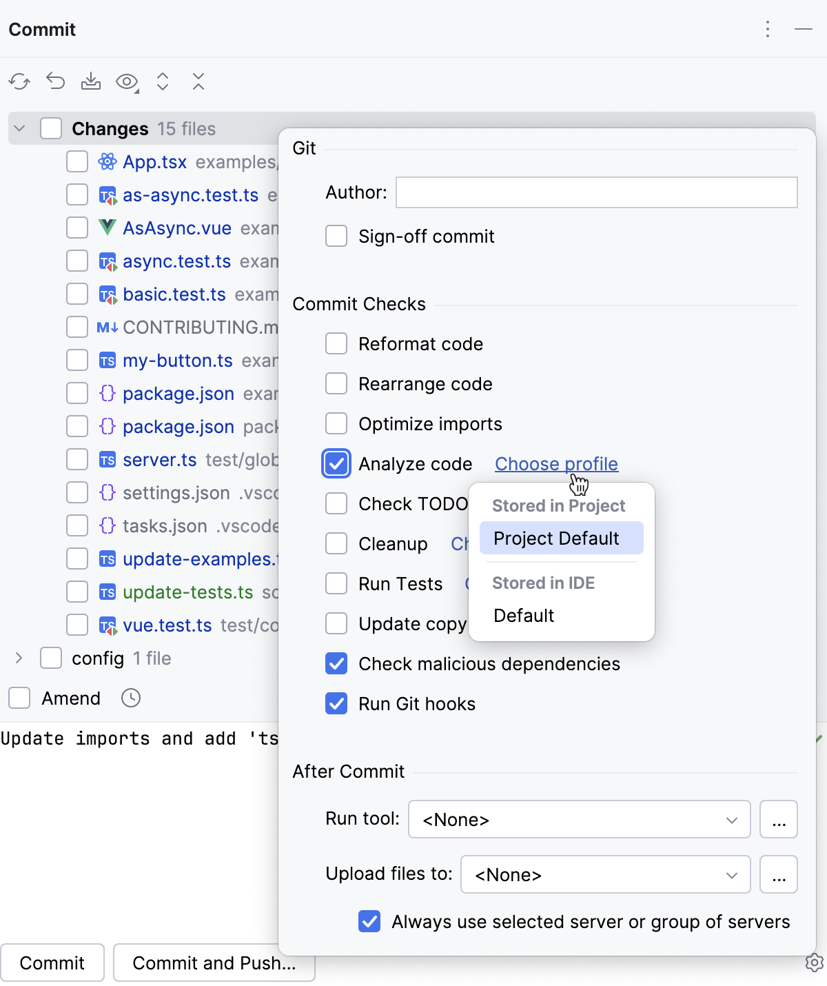 Run inspections before commit: Commit tool window Run inspections before commit: Commit tool window