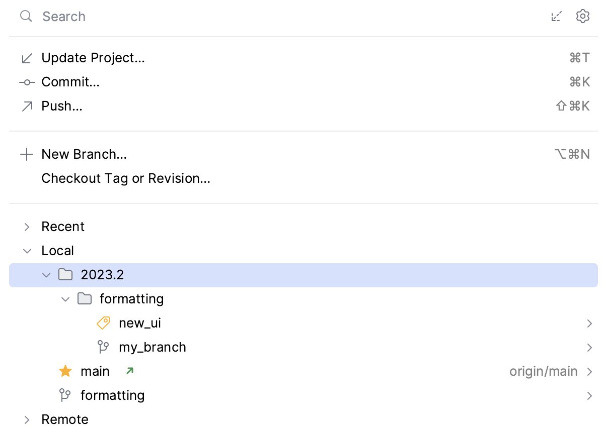Branches grouped by prefix in the VCS widget Branches grouped by prefix in the VCS widget