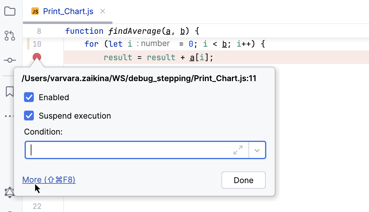 Breakpoint properties: context menu Breakpoint properties: context menu