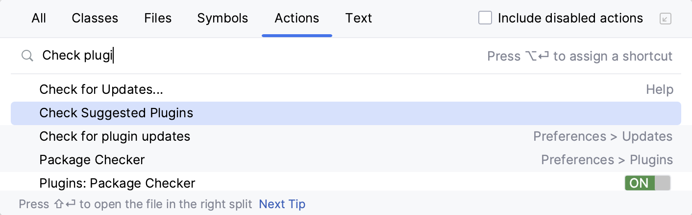Go to Action popup showing Check Suggested Plugins highlighted among multiple results including Check for Updates. Go to Action popup showing Check Suggested Plugins highlighted among multiple results including Check for Updates.