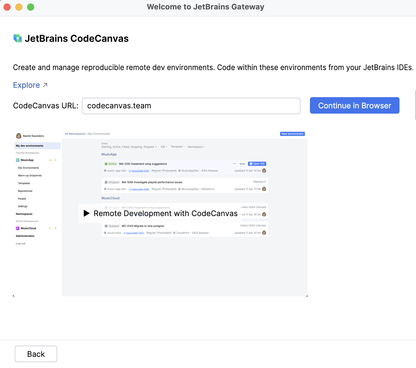 Code Canvas - Continue in browser