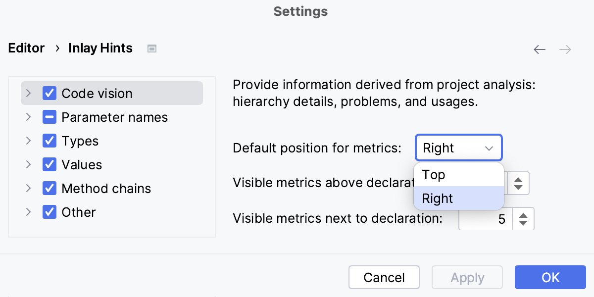 Code vision: configure position in the Settings dialog Code vision: configure position in the Settings dialog