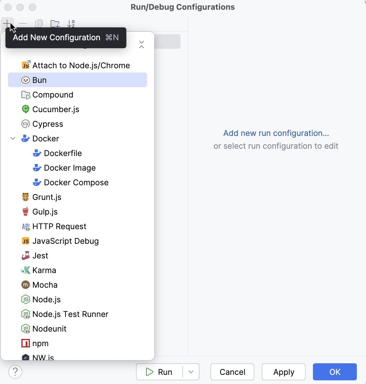 Create a run/debug configuration, select type Bun Create a run/debug configuration, select type Bun