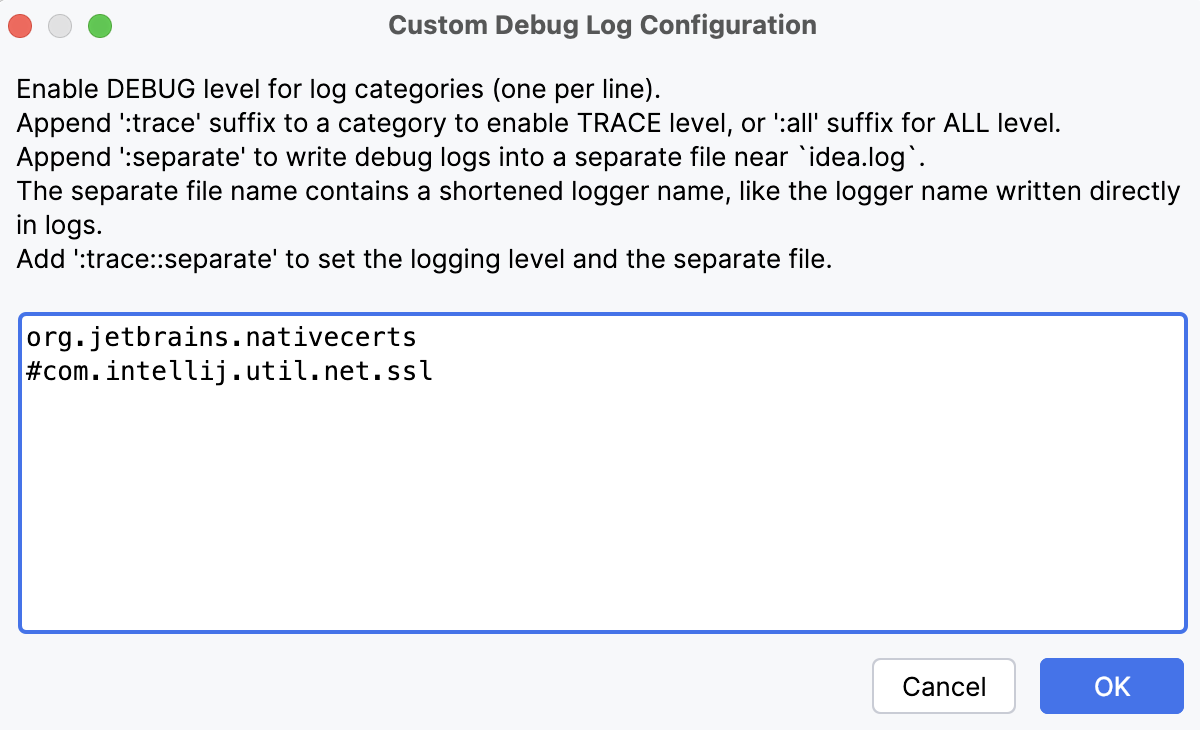 Custom debug log configuration Custom debug log configuration