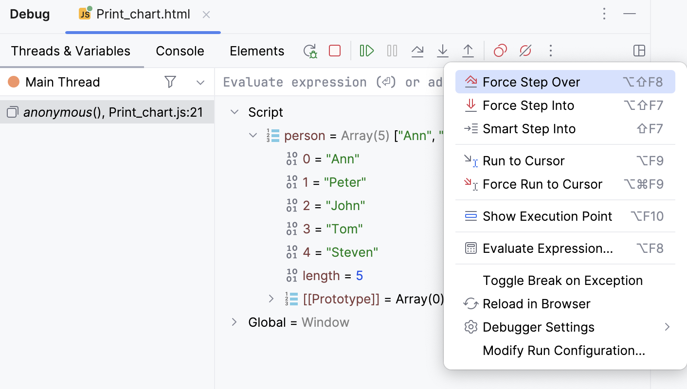 Debug tool window: stepping actions on the toolbar Debug tool window: stepping actions on the toolbar