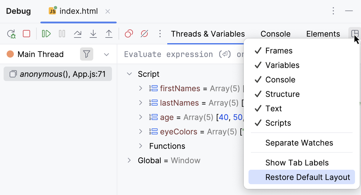 Layout options menu Layout options menu