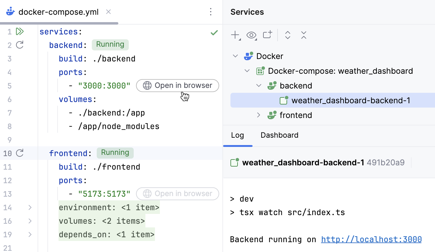 Service status in a Docker Compose file in the editor Service status in a Docker Compose file in the editor