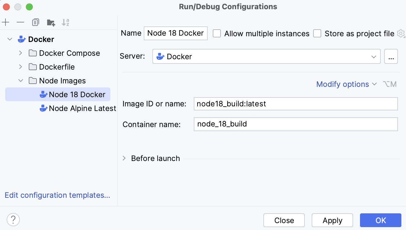 Docker Image run configuration dialog Docker Image run configuration dialog