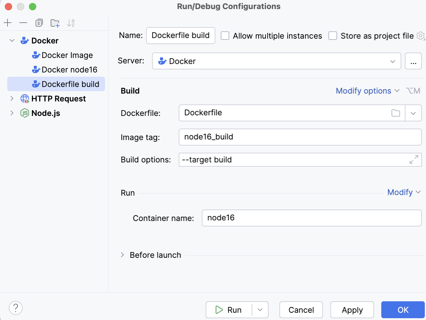 Dockerfile run configuration dialog