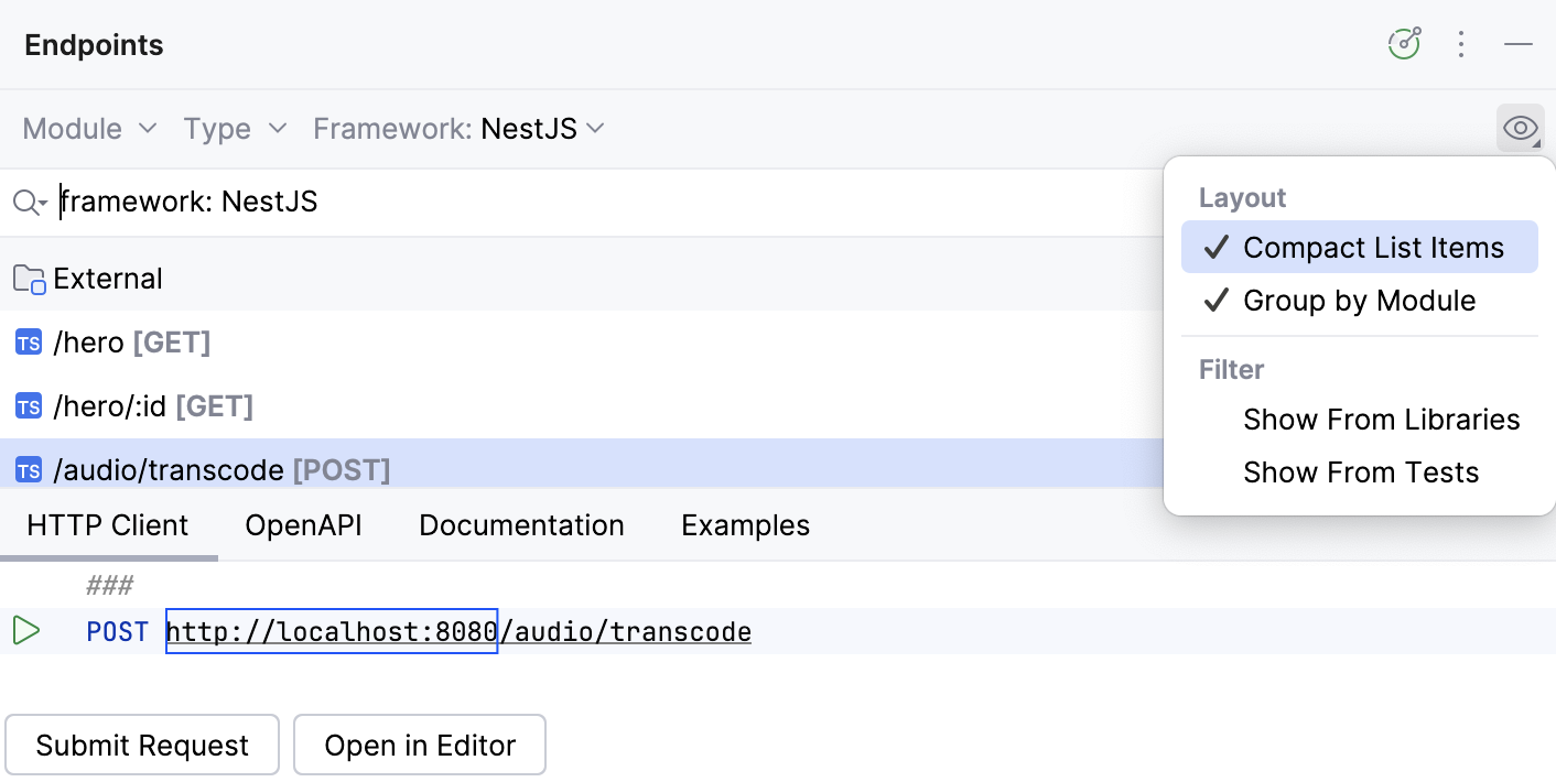 Options of the Endpoints tool window Options of the Endpoints tool window