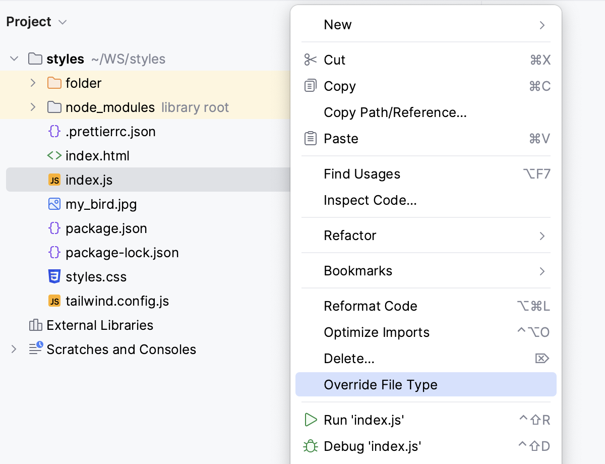 Exclude a file from project: override file type Exclude a file from project: override file type