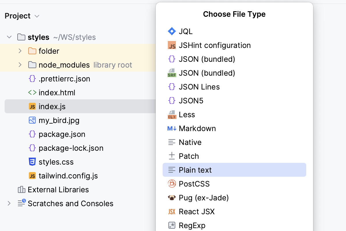 Exclude a file from project: select file type Exclude a file from project: select file type