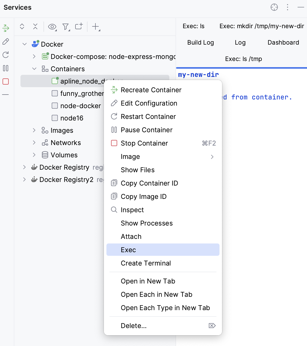 Execute command in a running container: select Exec from the context menu Execute command in a running container: select Exec from the context menu