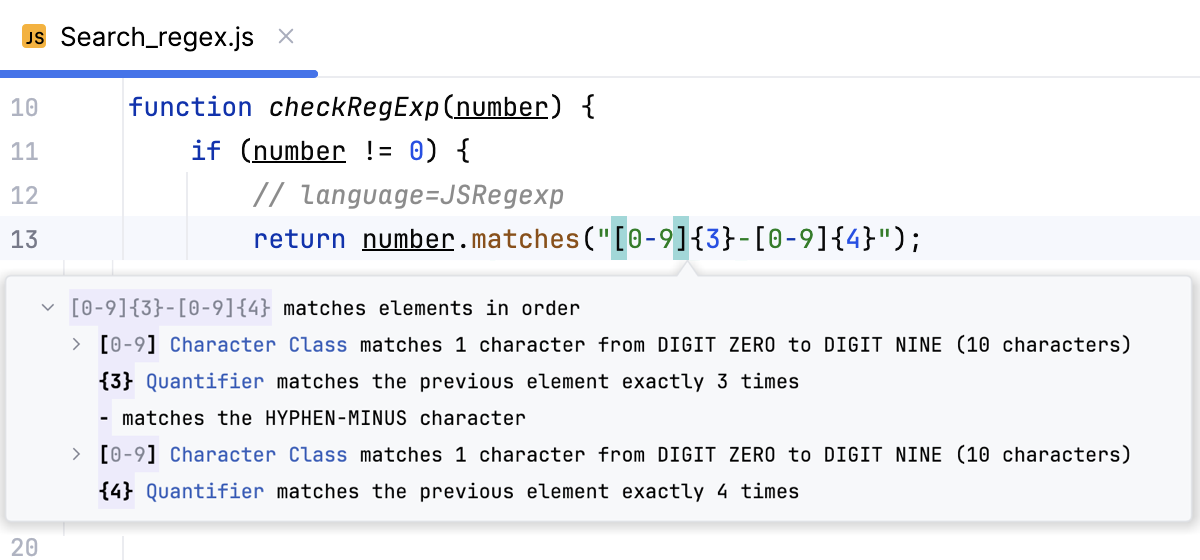 A popup with an explanation of a regular expression