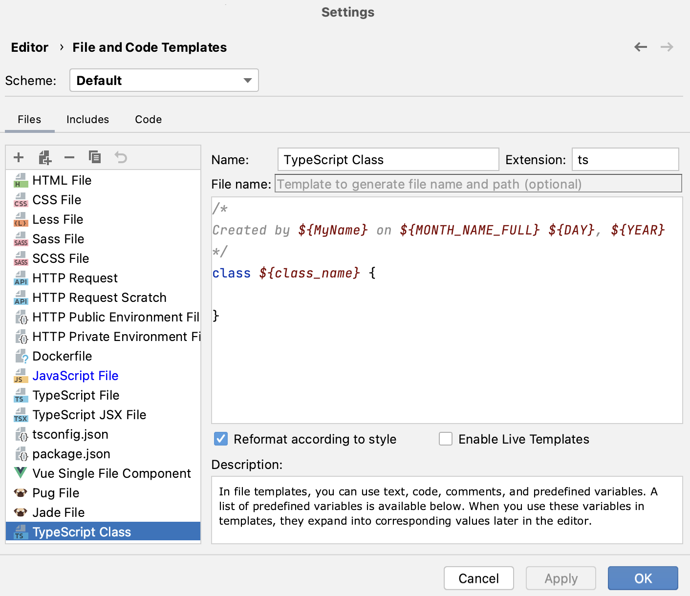 A custom template for creating a TypeScript class A custom template for creating a TypeScript class
