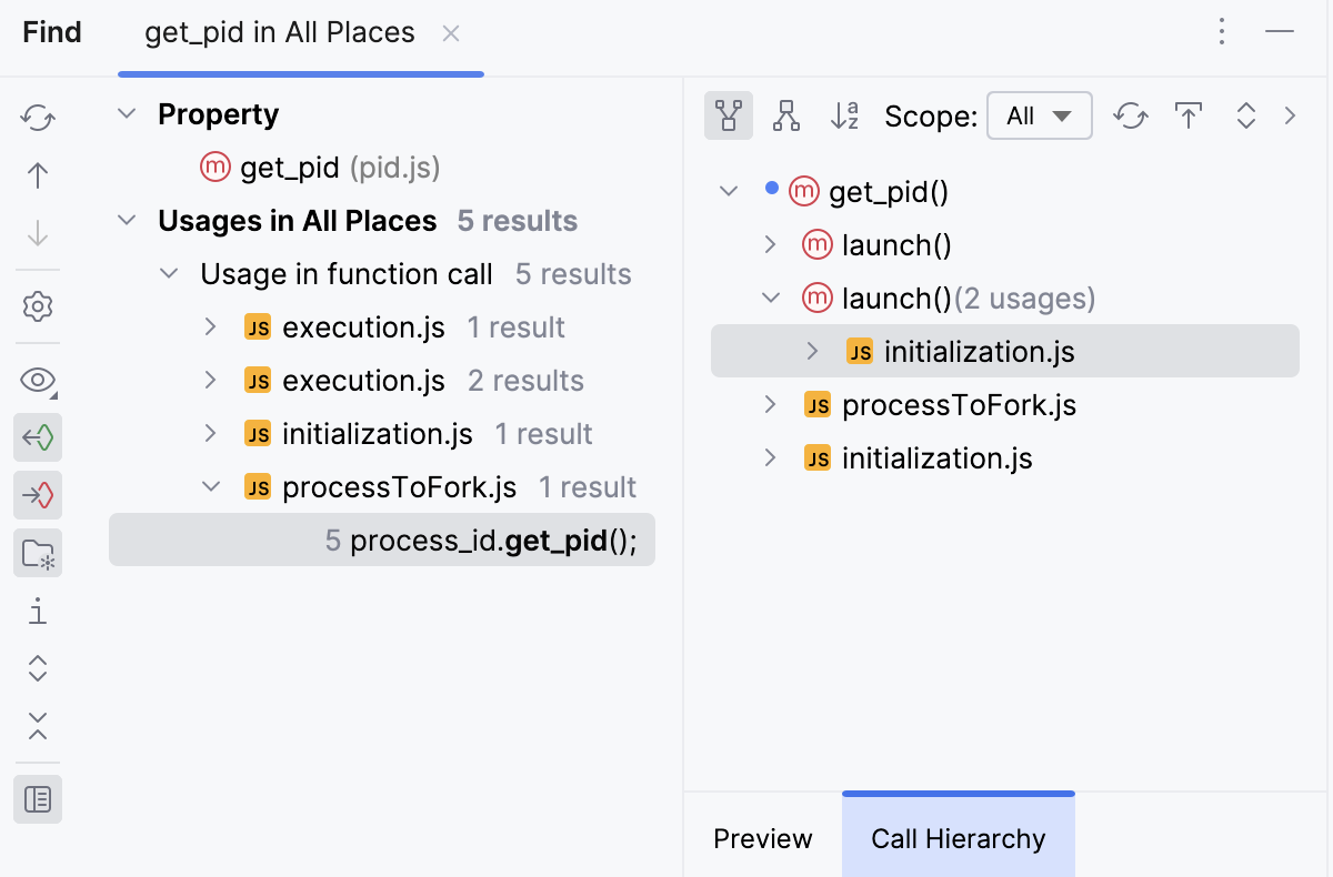 Find tool window preview area: Call hierarchy Find tool window preview area: Call hierarchy