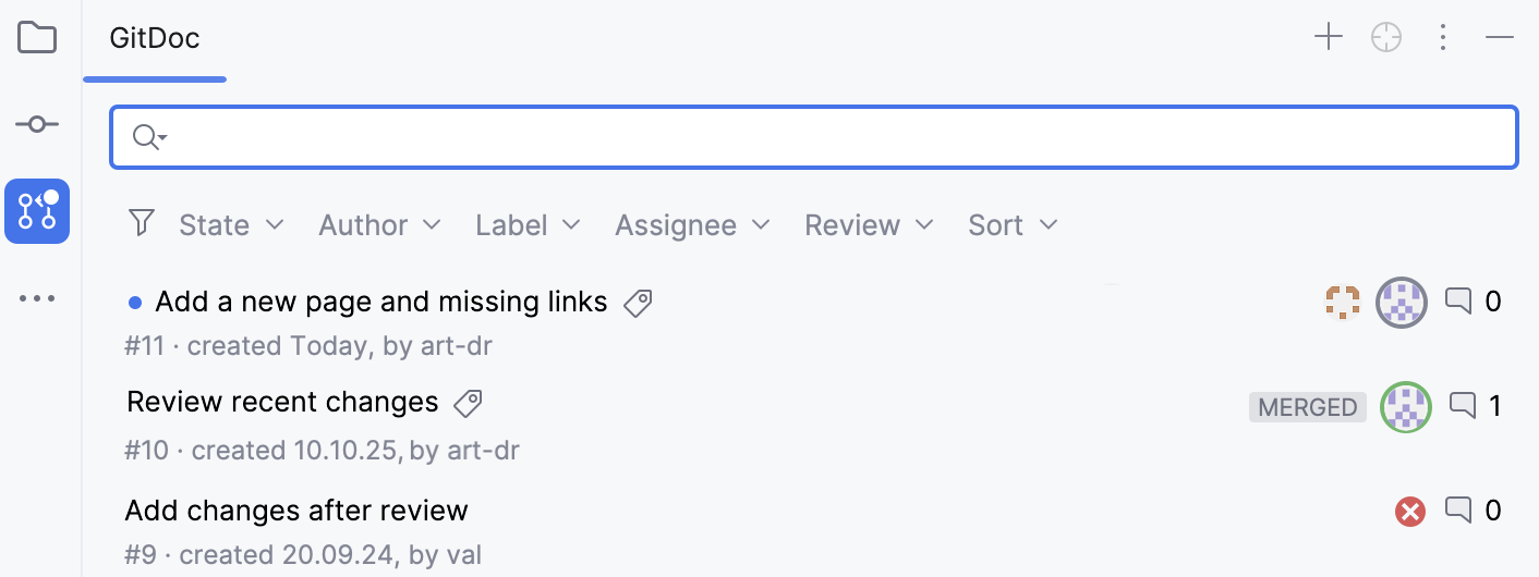 A blue dot on the pull requests tool window icon