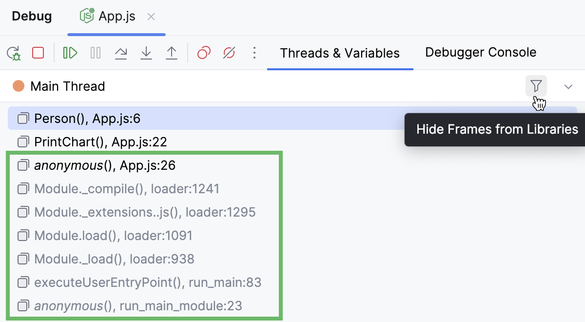 Library frames are shown, toggle the Hide Frames from Libraries button Library frames are shown, toggle the Hide Frames from Libraries button