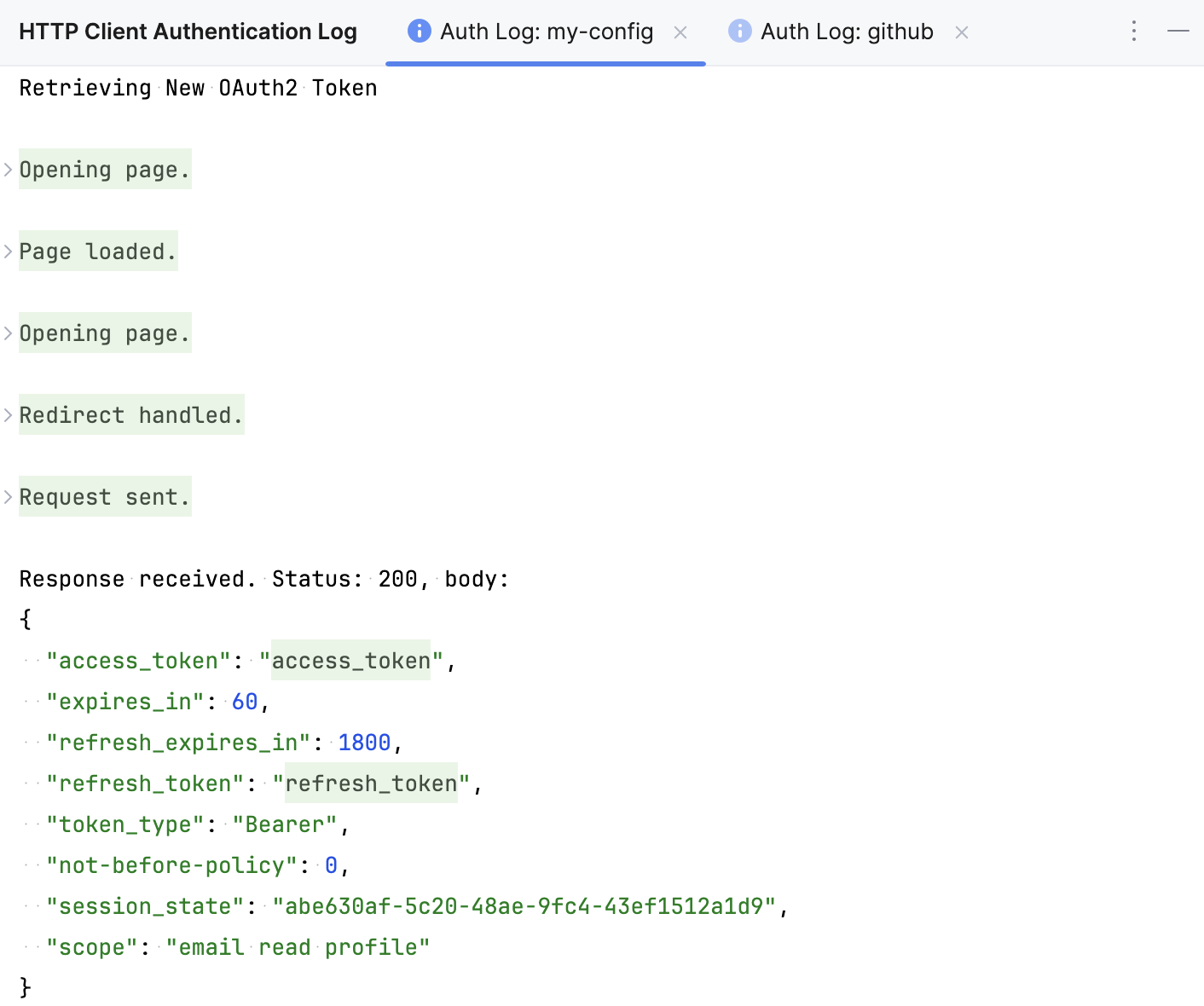 HTTP Client Authentication Log tool window HTTP Client Authentication Log tool window
