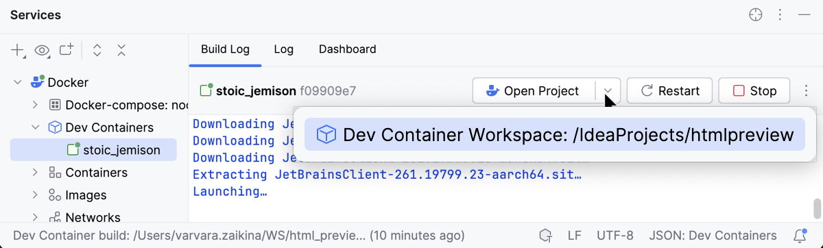 Dev Container created, open the project Dev Container created, open the project