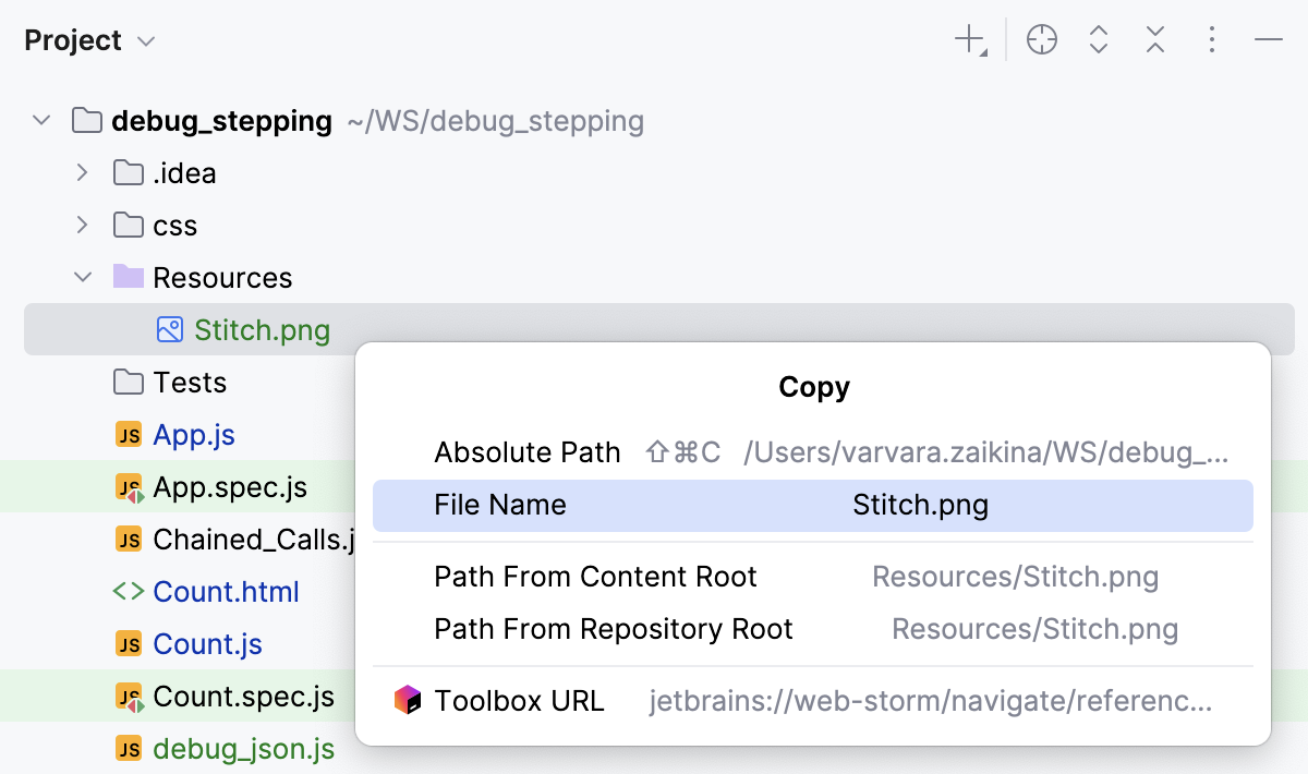 Copy the name of a file in the Resource Root folder