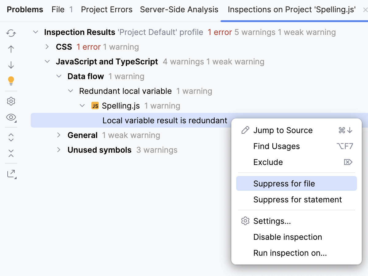 Suppressing an inspection in the Results tool window Suppressing an inspection in the Results tool window