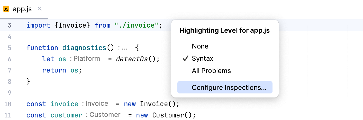 Open inspections settings from the editor Open inspections settings from the editor