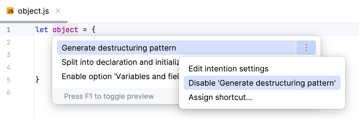 Disable an intention action on the fly from the context menu Disable an intention action on the fly from the context menu