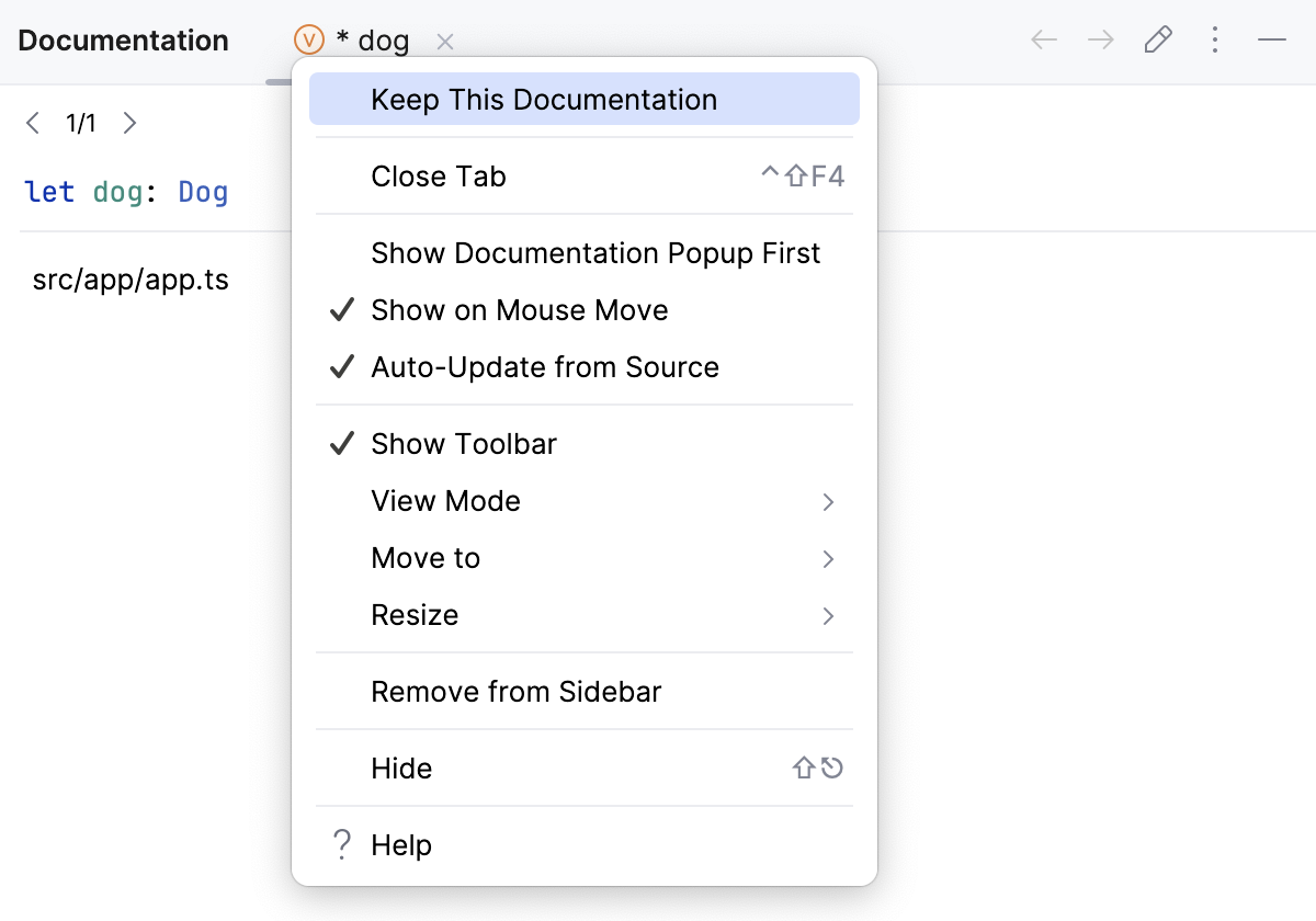 Keep Quick Documentation in tool window Keep Quick Documentation in tool window
