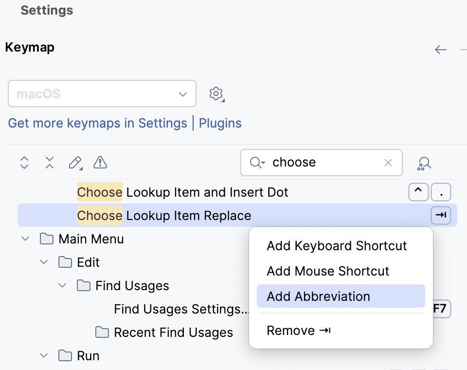 Keymap menu Keymap menu