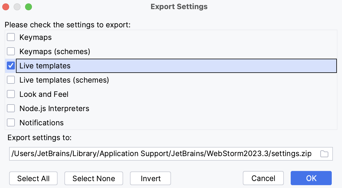 Export Settings dialog Export Settings dialog
