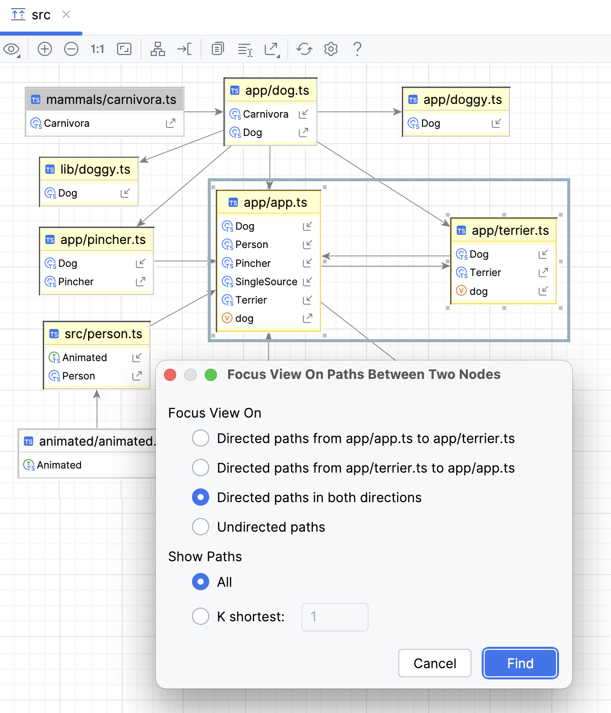 Focus On Paths Between Two Nodes dialog Focus On Paths Between Two Nodes dialog