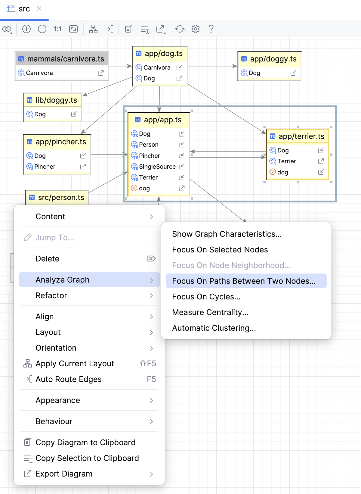 Focus On Paths Between Two Nodes context menu Focus On Paths Between Two Nodes context menu