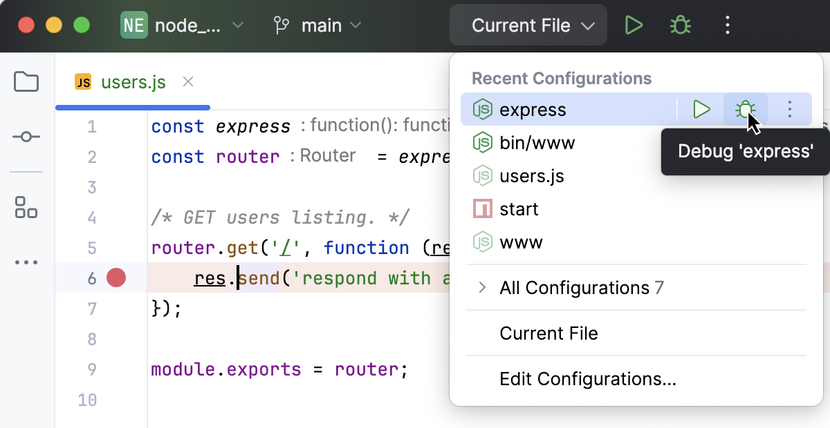 Start a Node.js debugging session with a run/debug configuration Start a Node.js debugging session with a run/debug configuration