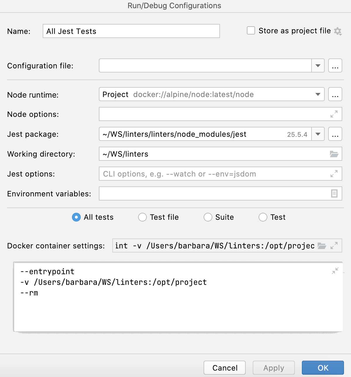 Run/debug configuration: Jest. Docker container settings Run/debug configuration: Jest. Docker container settings
