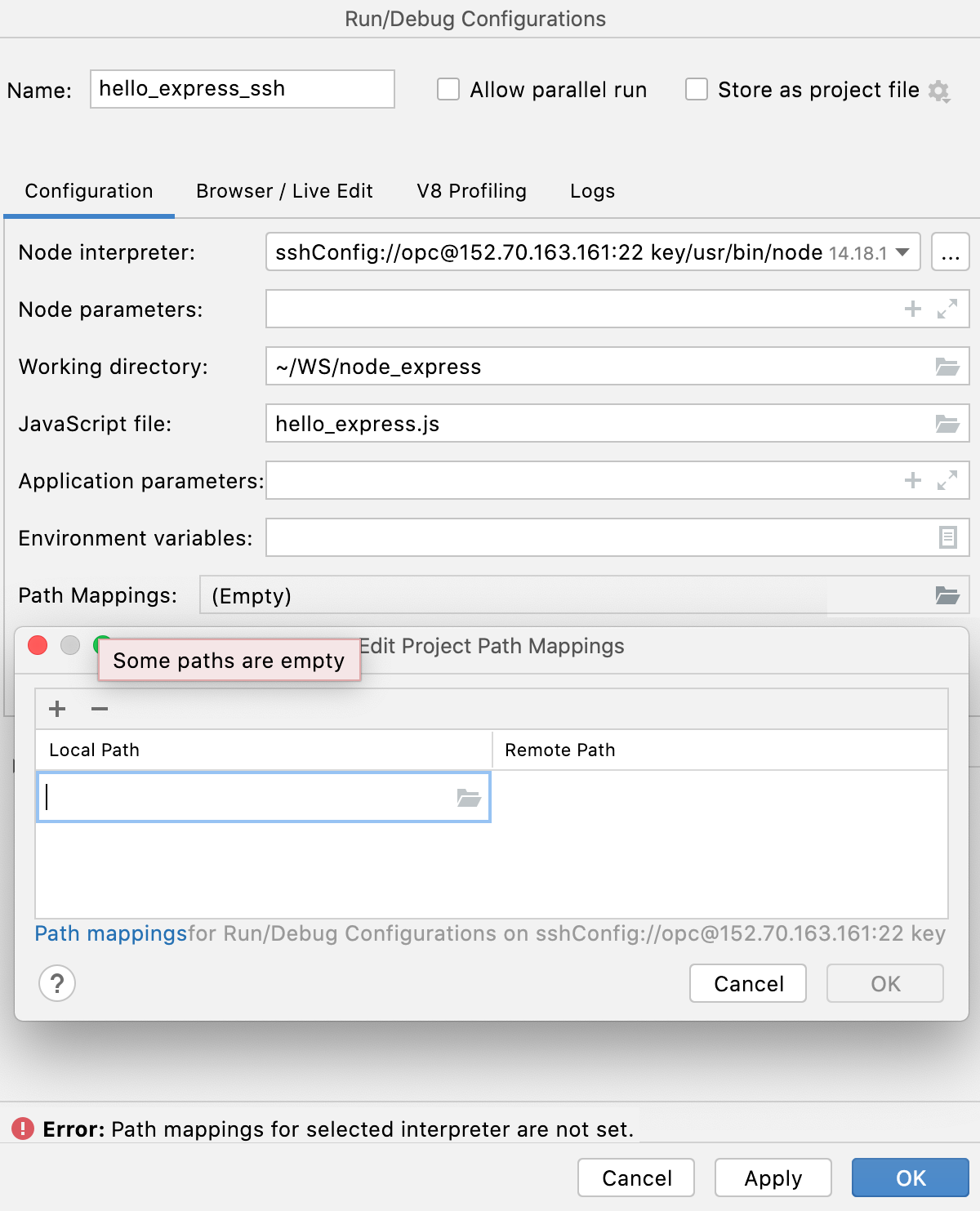 Create Node.js run configuration: add mapping Create Node.js run configuration: add mapping
