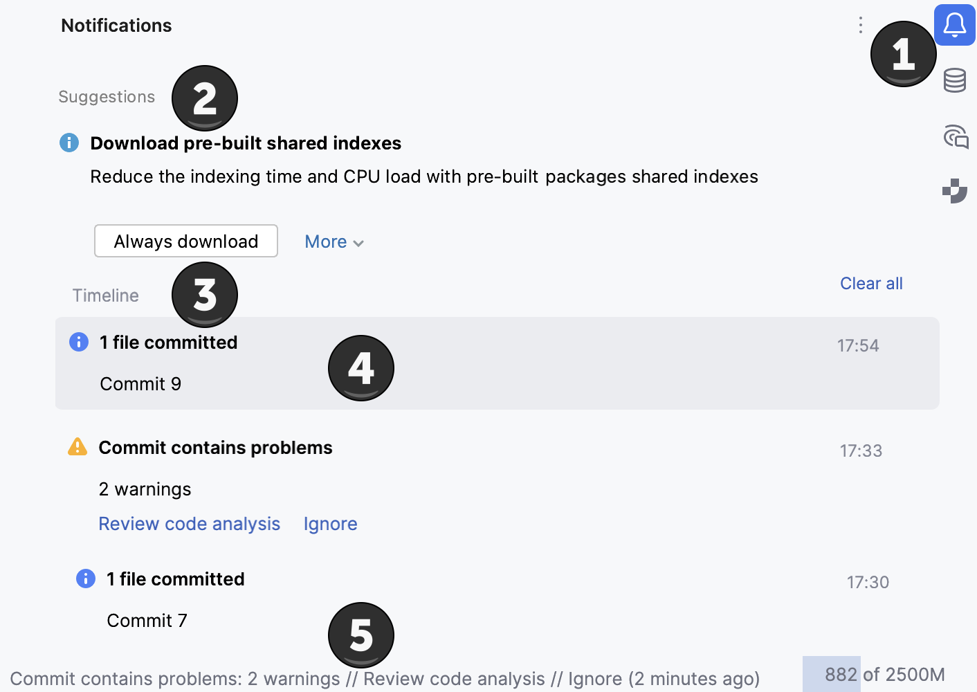 Notifications tool window in WebStorm with Suggestions for shared indexes and Timeline showing commit events and warnings