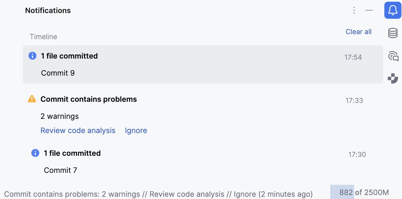 Timeline area showing commit notifications and a warning with Review code analysis and Ignore action links