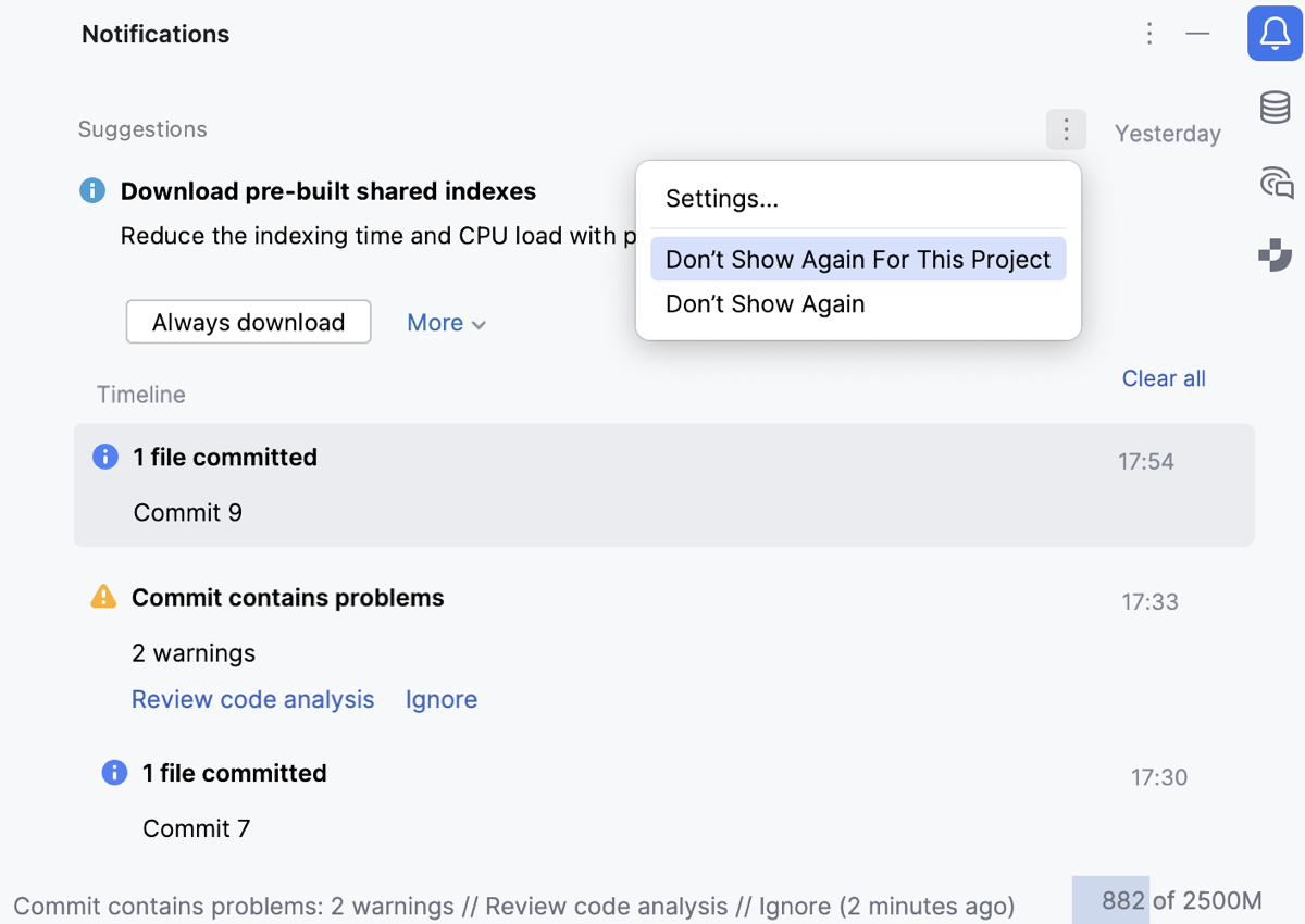 Suggestion context menu with Don't Show Again For This Project and Don't Show Again options in WebStorm
