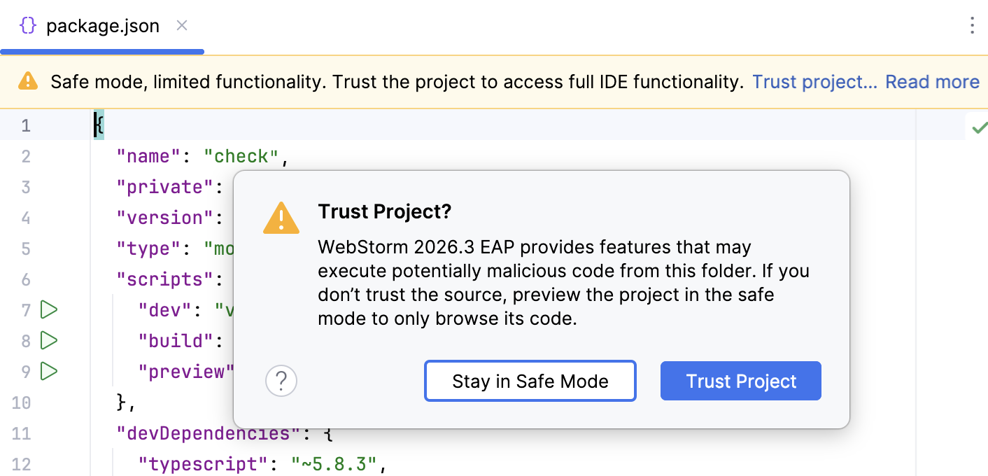 In-editor notification for untrusted projects in the Safe Mode