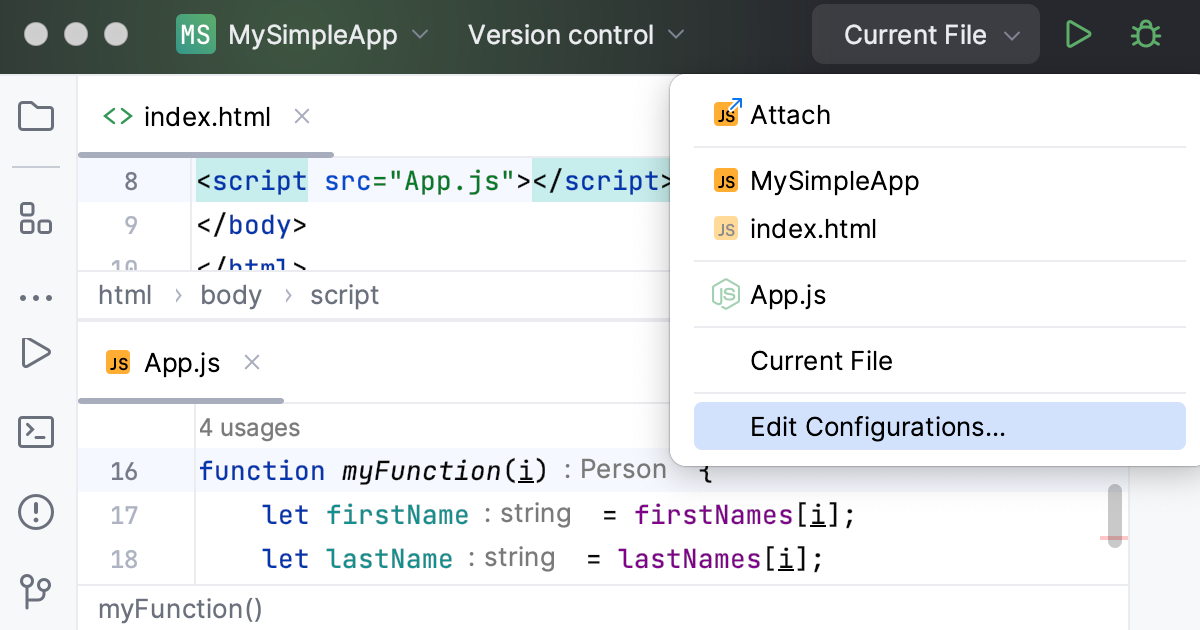 Debug JavaScript on an external web server: open Edit configurations dialog Debug JavaScript on an external web server: open Edit configurations dialog