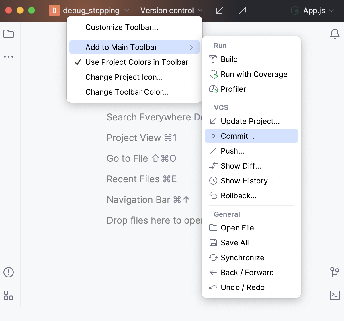 Adding actions to the main toolbar Adding actions to the main toolbar