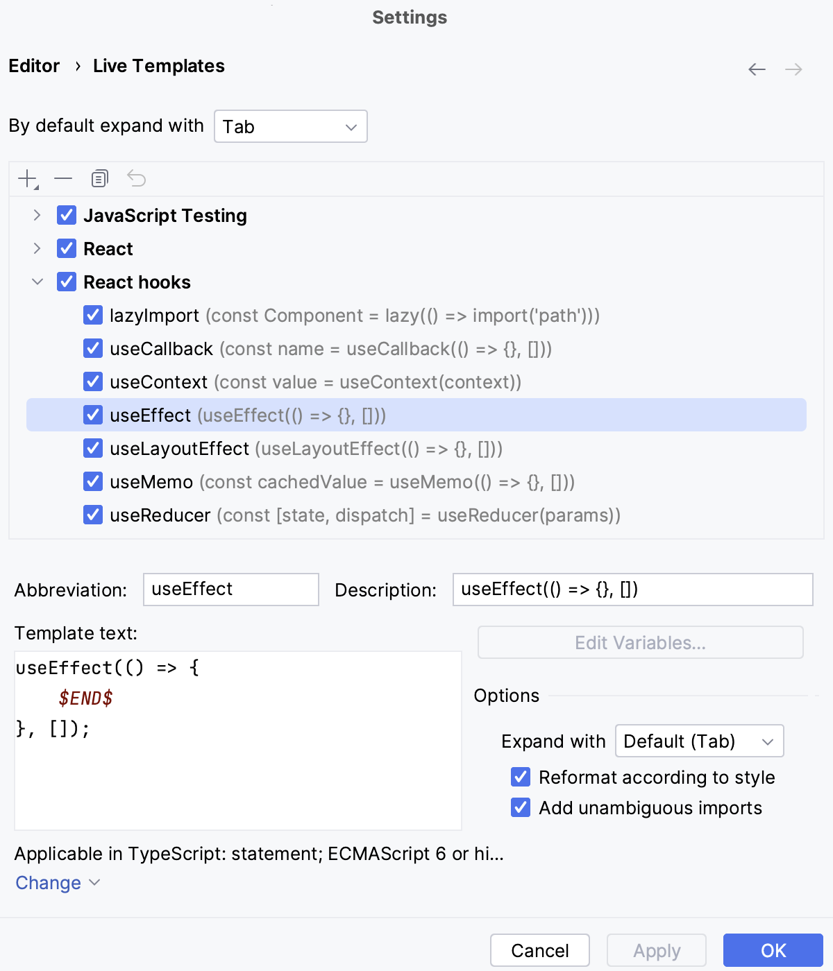 Live templates: React and React hooks Live templates: React and React hooks