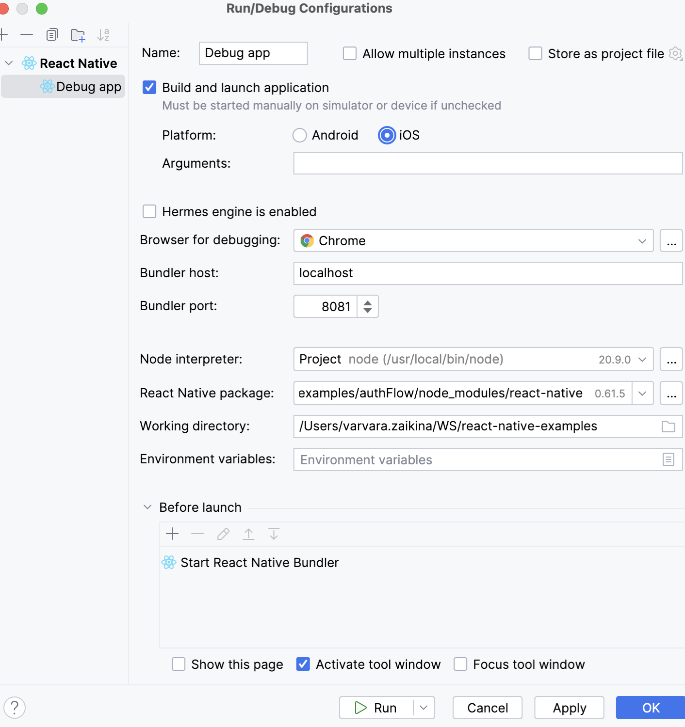 React Native Run Configuration